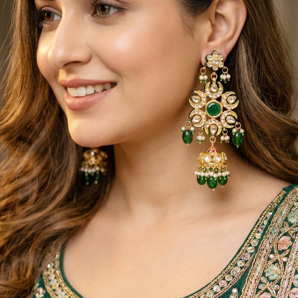18K Gold Plated Kundan Jhumka With Green Back Meenakari Earrings : 1320-J5EK-2301-G