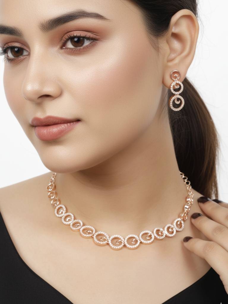American Diamond Rose Gold-Plated-Studded Jewellery Set : VI25JSAD1000014