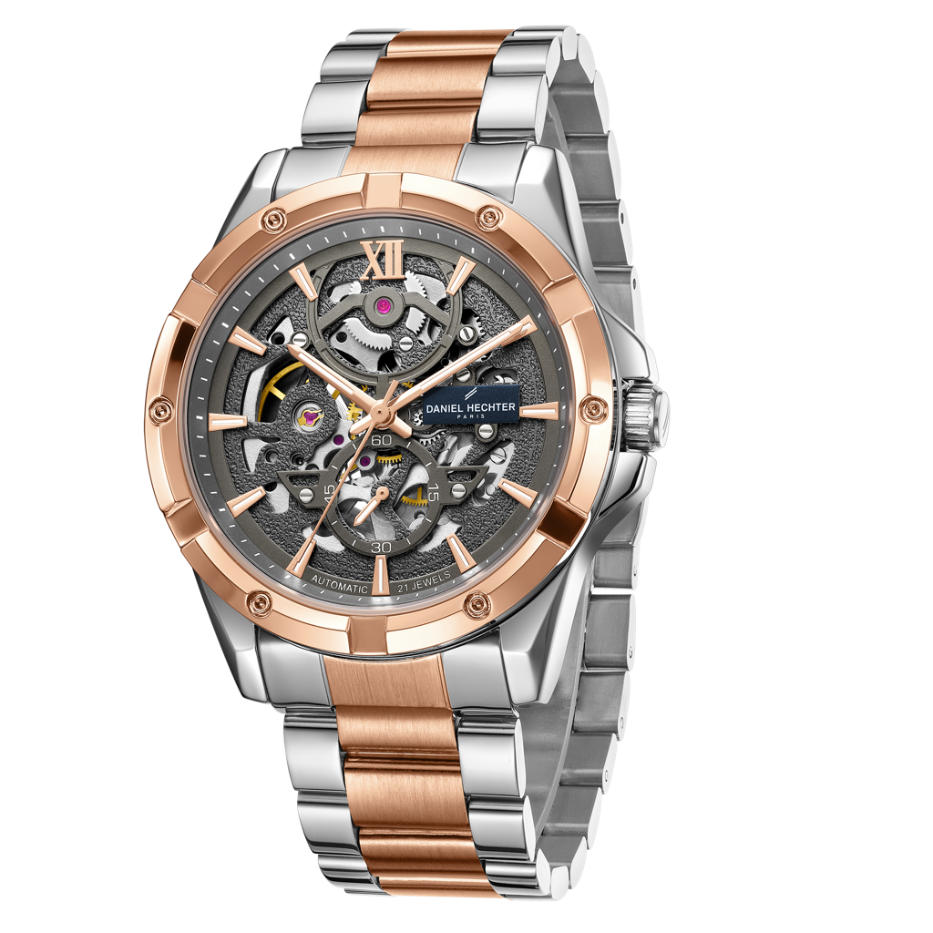 Paris Tech Collection Automatic Skeleton Wrist Watch For Men – Round Dial, Stainless Steel Strap, 21-Jewel Mechan : DHM1060-44