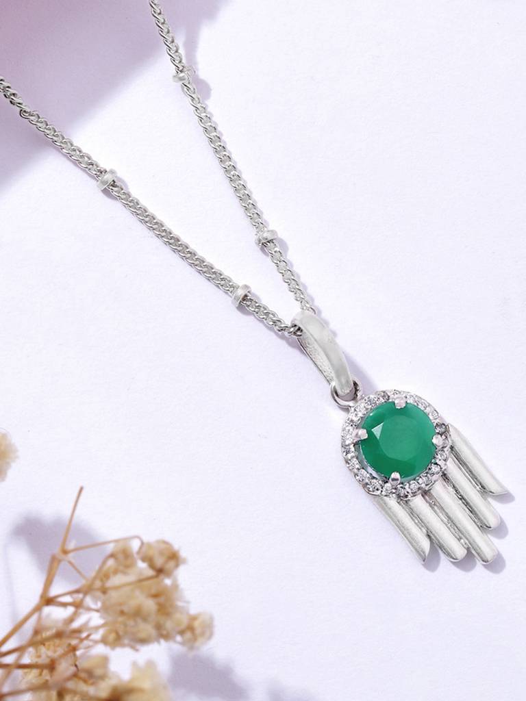 92.5 Silver Green Hamsa Necklace : U100SG006MY038