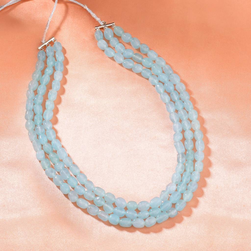 Estele Rhodium Plated Magnificent Designer Three Layered Necklace With Mint Blue Beads For Girls And Women : 10180-IR-MBNK