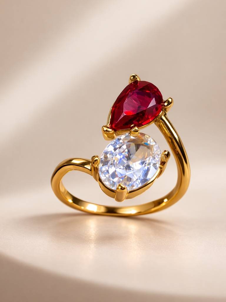 Red Ruby & White Cz Open Adjustable Gold Ring For Women : ATR853RMOS