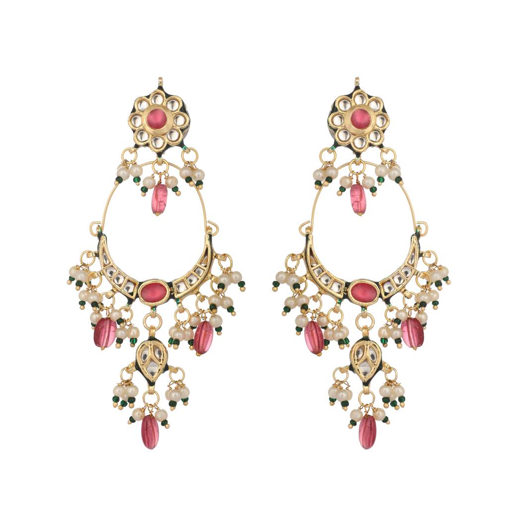 22K Gold Plated Crescent Kundan Drop Stone Chandbali Earrings : YI24A0457E