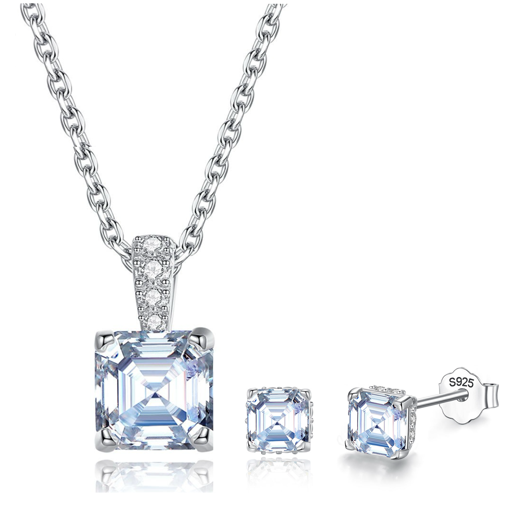 Gra Certified Radiant Royale Asscher Cut Silver Moissanite Pendant Set : RadianceRoyale_MSE22052407_MSN22052408
