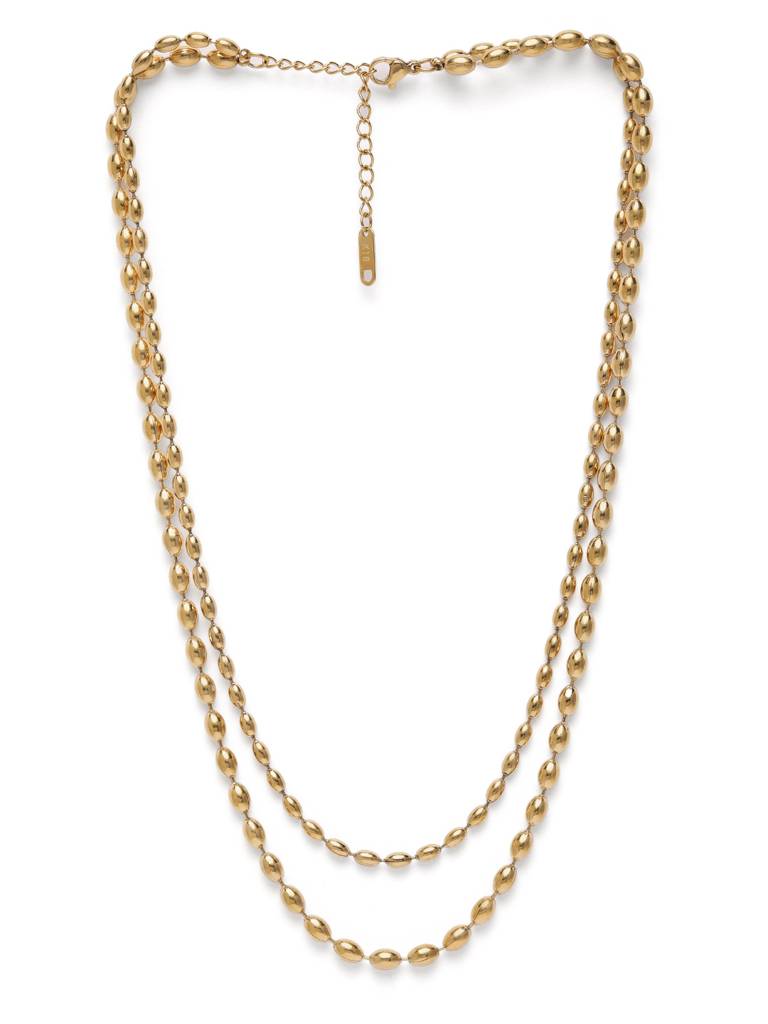 Golden Double Layer Oval Bead Chain Necklace : AVPE10062