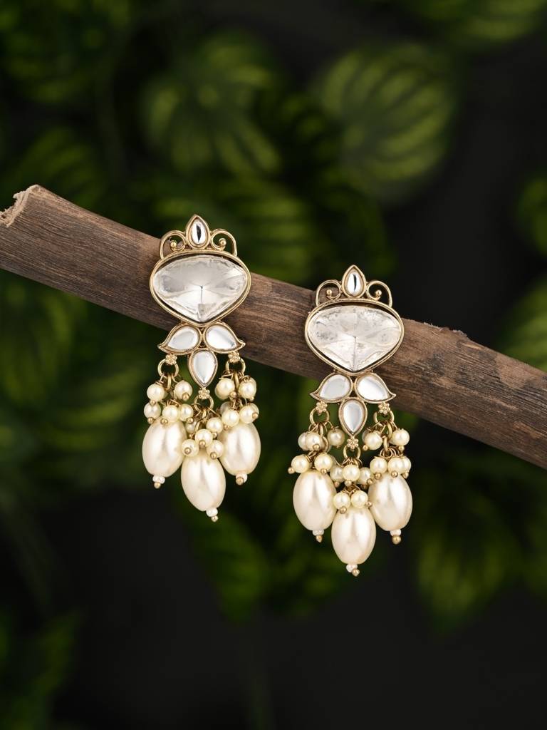 Gold Plated Kundan & Pearl Drop Earrings : S24FAER410WHT