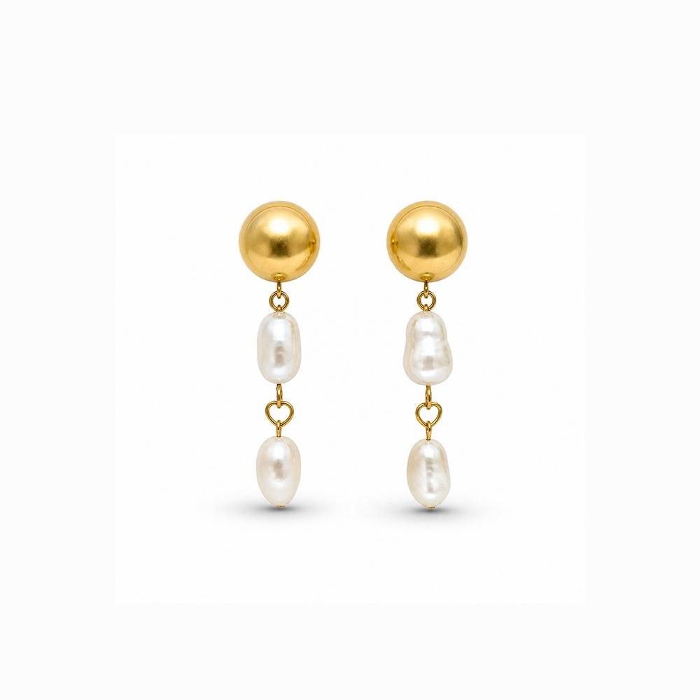 Women 18K Gold-Plated Metallic Dome Studs With Natural Baroque Pearl Linear Drops : 101144