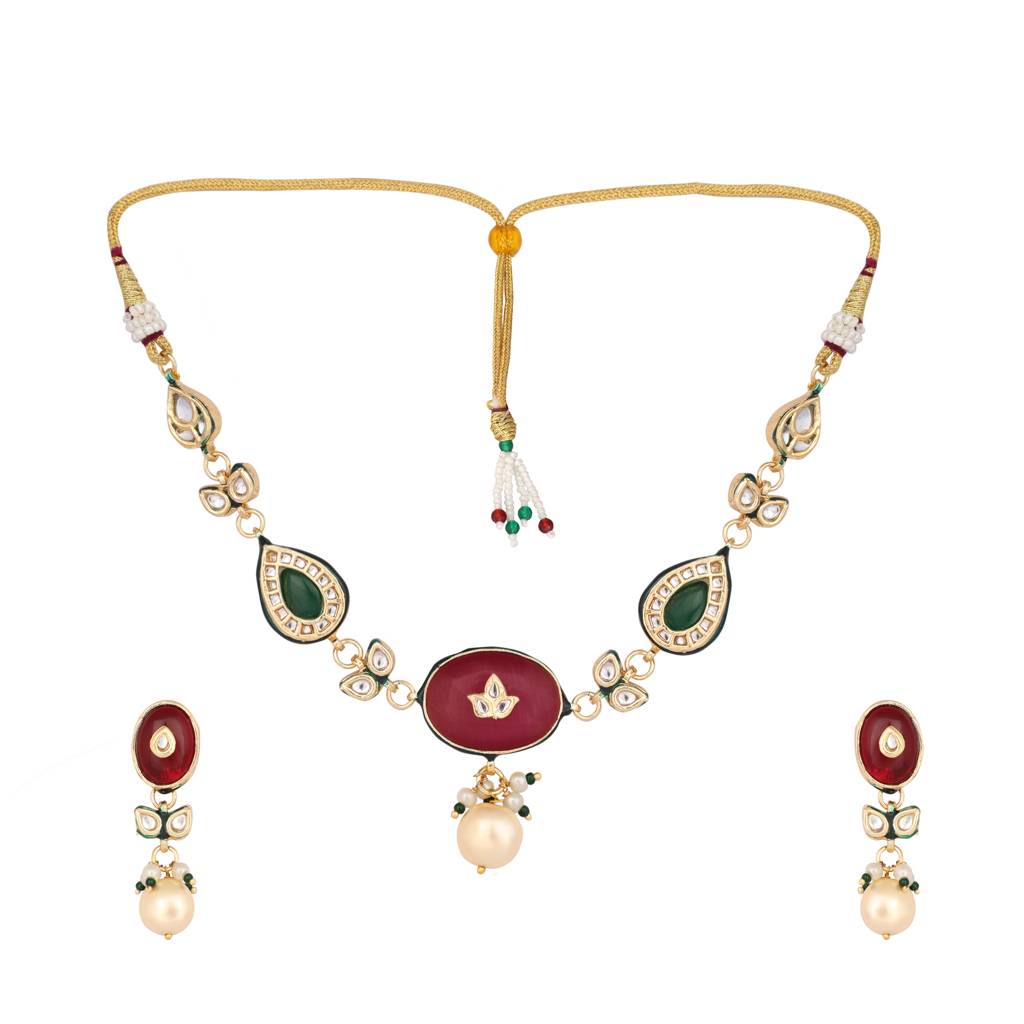22K Gold Plated Radiant Sage Stone Kundan Necklace : YI24A0462N