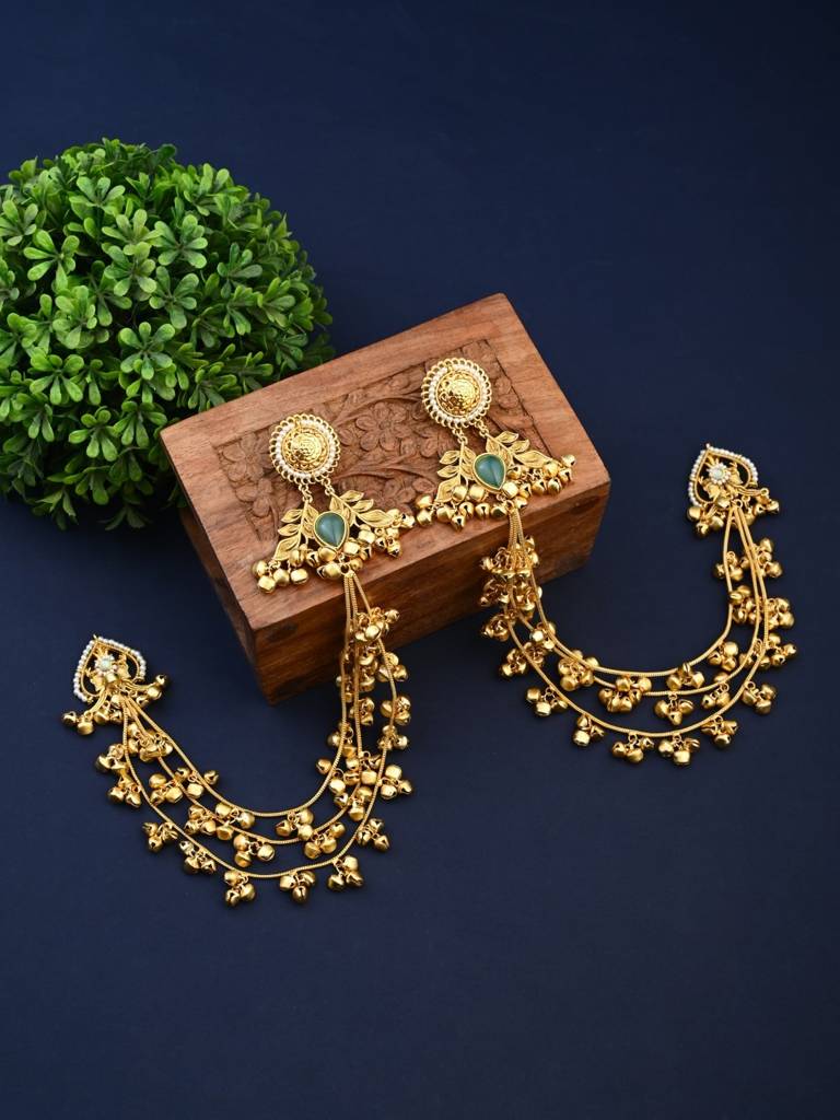 Gold Plated Studs With Ear Chains : S24KCER648GRN