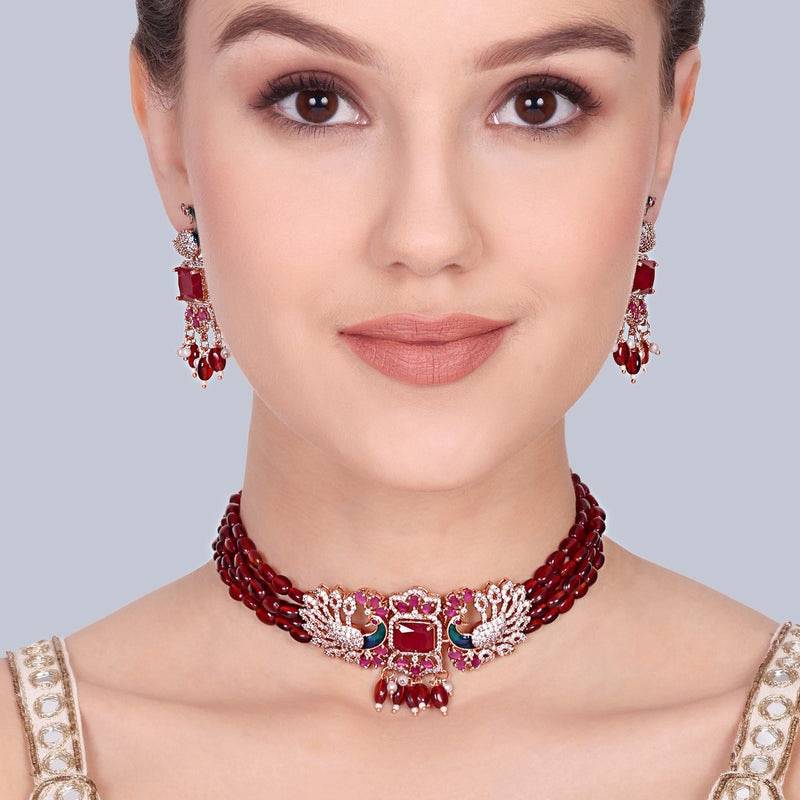 Luxury Rose Gold Finish Cz Multi String Choker Set – Bridal & Festive Wear : AD-934-RGRBNKER