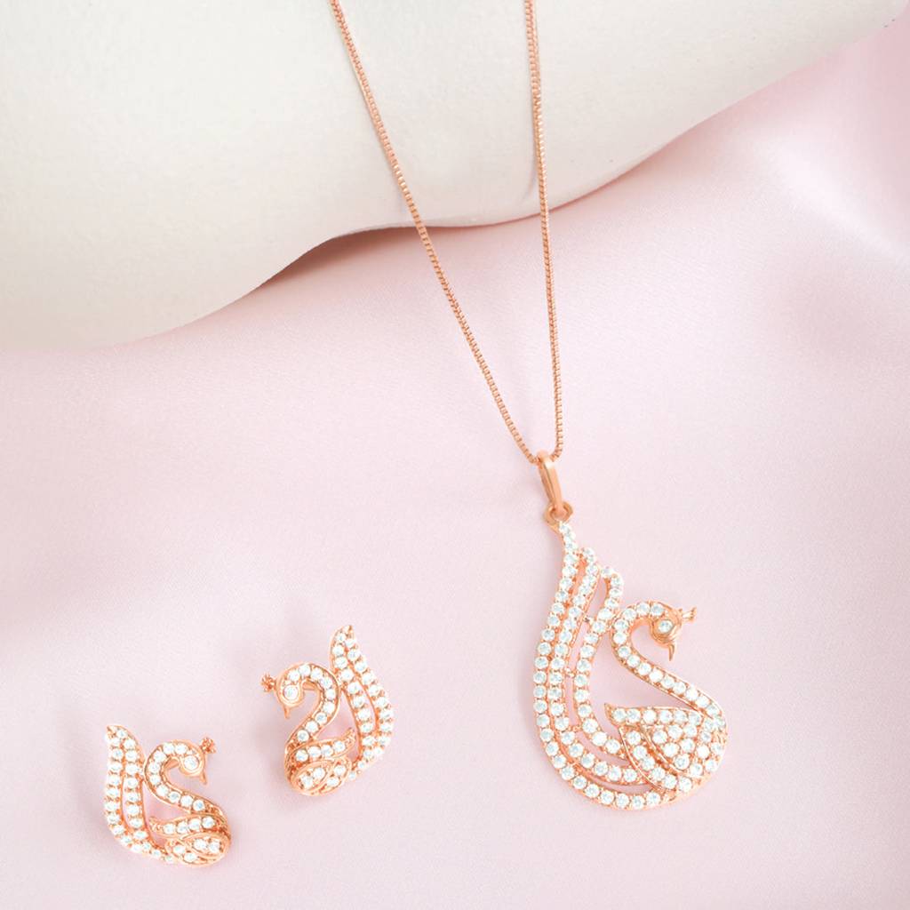 Graceful Swan Rose Gold Plated 925 Sterling Silver Jewelry Set : JS-70198-C-RG