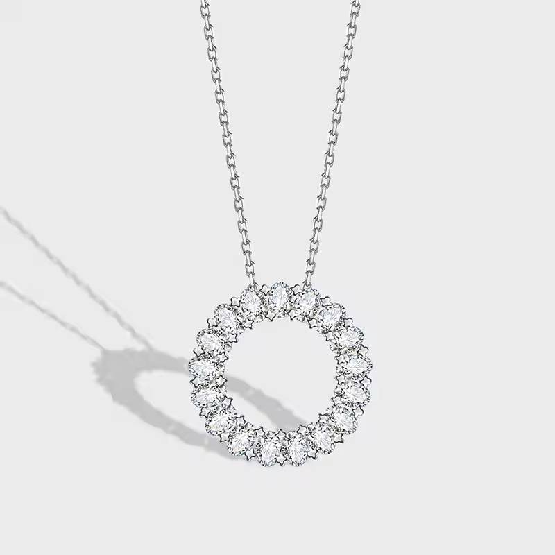 14K White Gold Plated Oval Cut Moissanite Circular Pendant Necklace : CJNK25