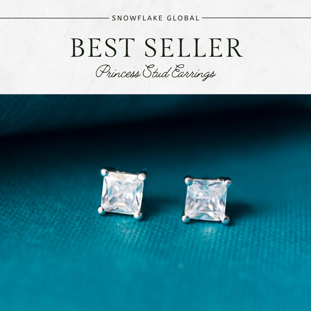 1 Ct / Pair Princess Glow Moissanite Stud Earrings : SquareCut_Snowflake_earring_1ct