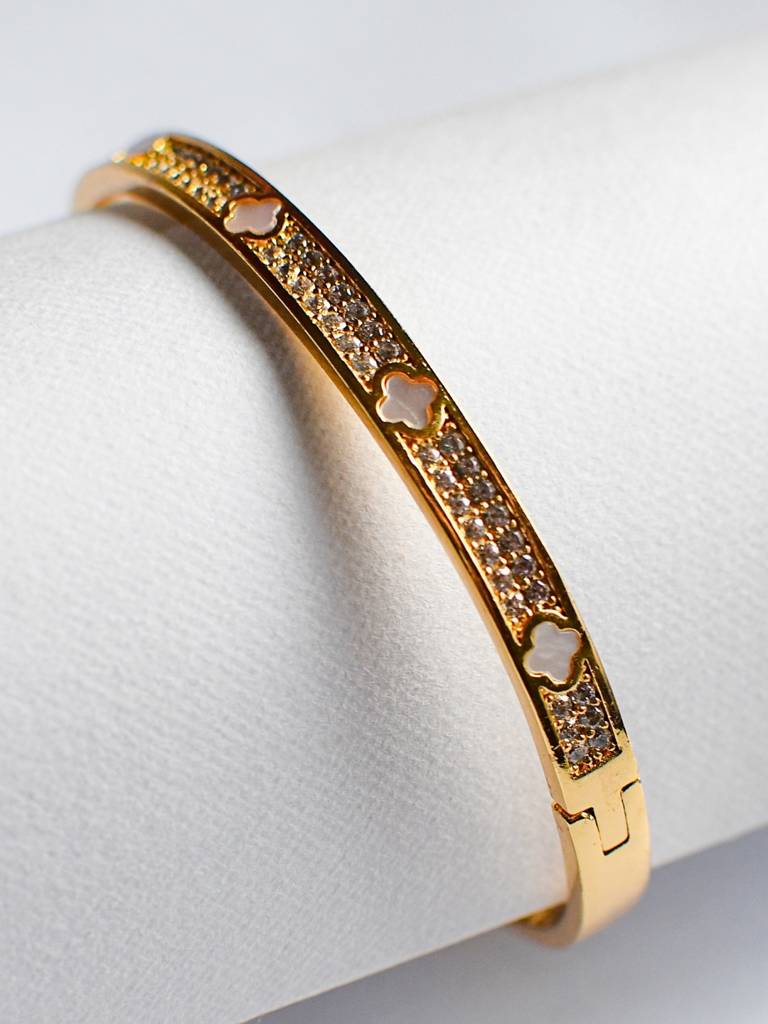 Mop Clover Studded Bracelet Â Elegant Gold Bangle With Mother Of Pearl & Ad Accents : ATB538MCSB