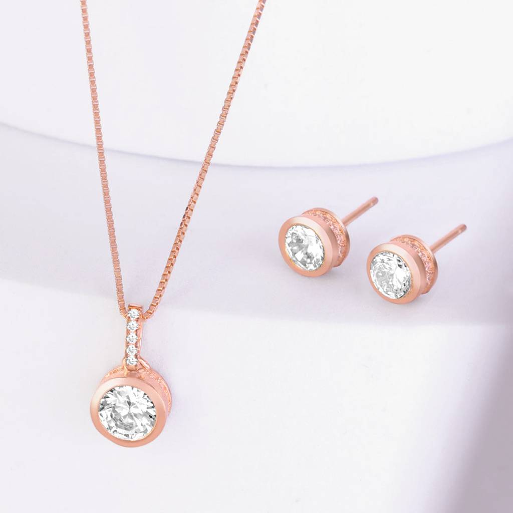 Solo Sparkle Rose Gold Plated 925 Sterling Silver Jewellery Set : JS-70187-C-RG