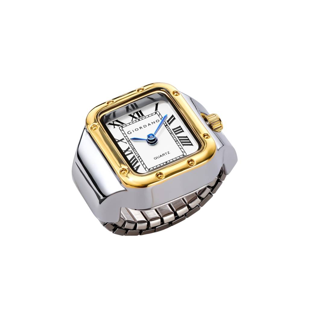 Analog Ring Watch For Women With Rectangular Dial, Roman Numeral Markers, Blue Hands, Quartz Movement And Stainl : GZ-60186-33