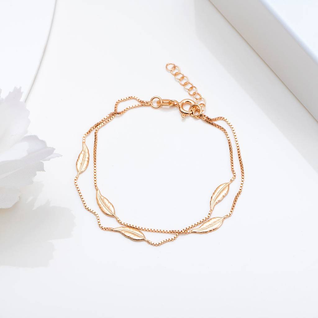 Leafy Foliage Rose Gold-Plated 925 Sterling Silver Bracelet : BR-80289-RG