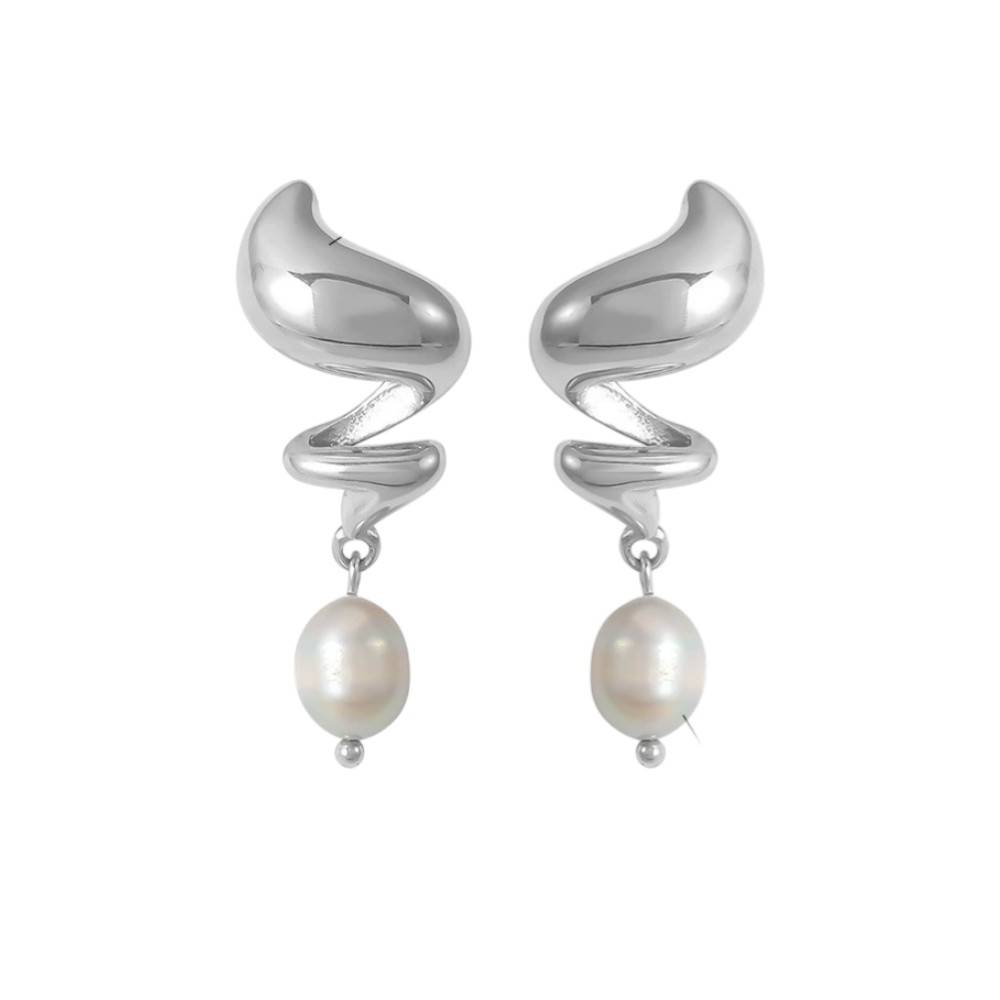 18K Plated Waterproof Anti-Tarnish Spiral Pearl Drop Earrings : ALL0725E584S