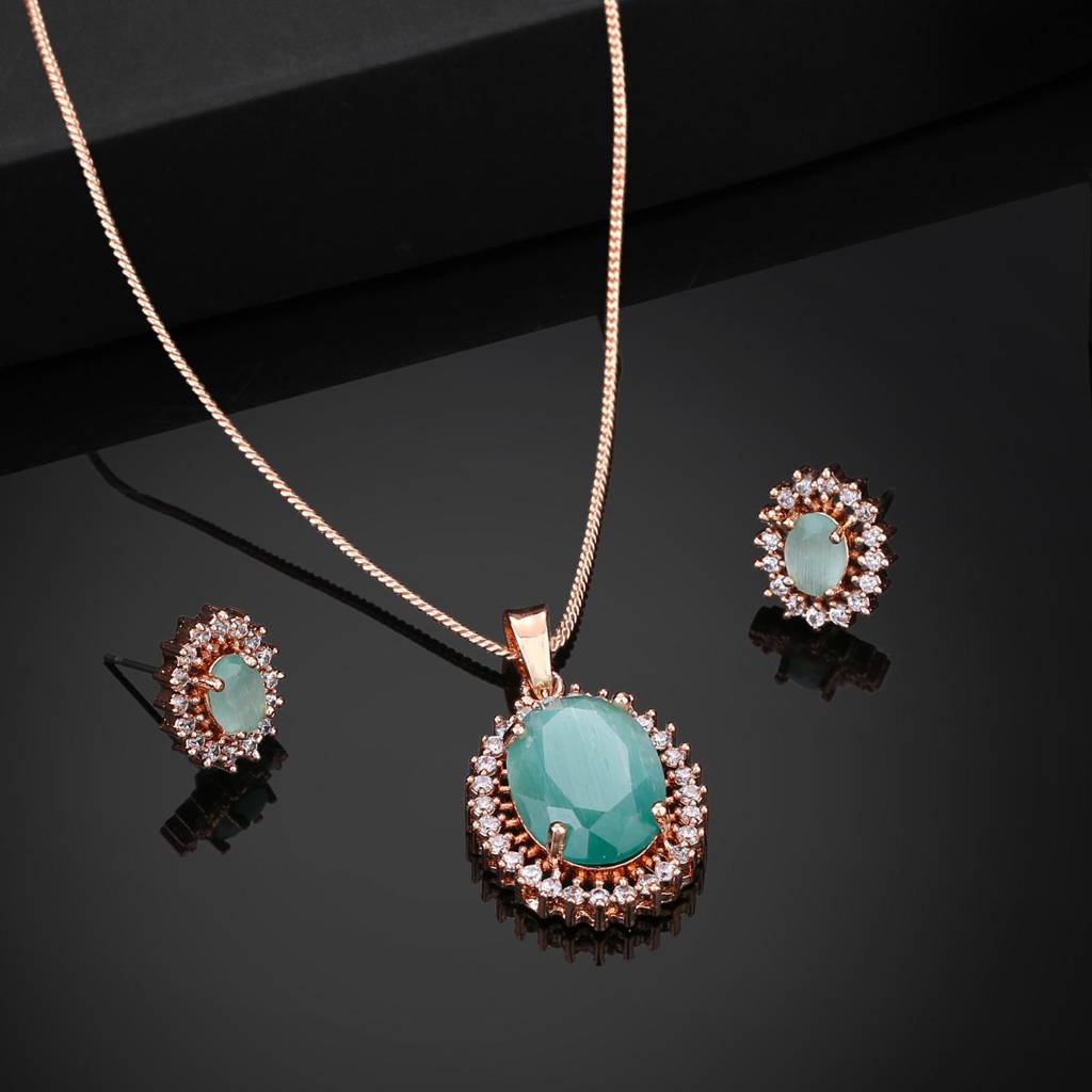 Estele Rose Gold Plated Cz Beautiful Round Designer Pendant Set With Mint Green For Women