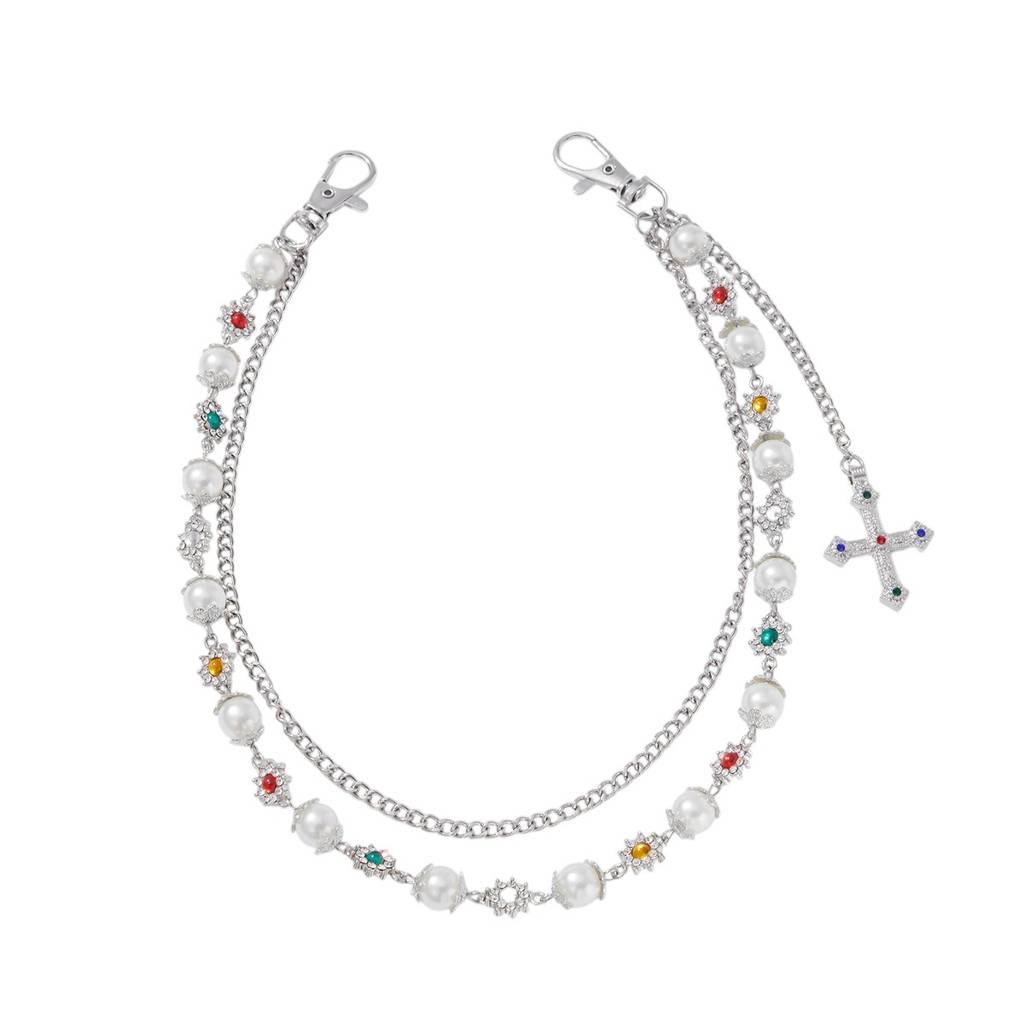 Mens Gold/Silver Plated Anti-Tarnish Two Layer Rhinestone With Pearl Cross Pant Chain : ADN0825WC1755S_M