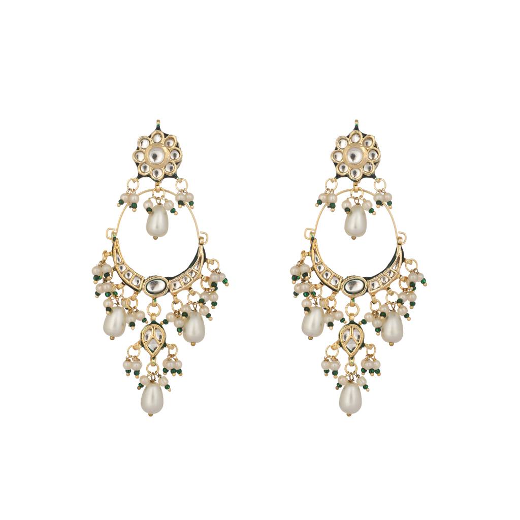 22K Gold Plated Crescent Kundan Drop Stone Chandbali Earrings : YI24A0429E