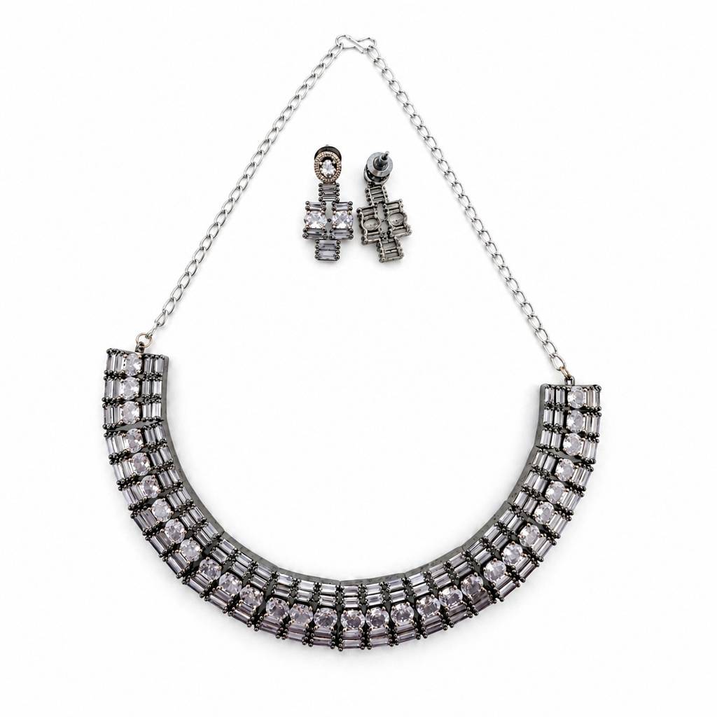 Silver & Gold Cz Baguette Collar Necklace Set With Geometric Drop Earrings : RRAPR26AID-82