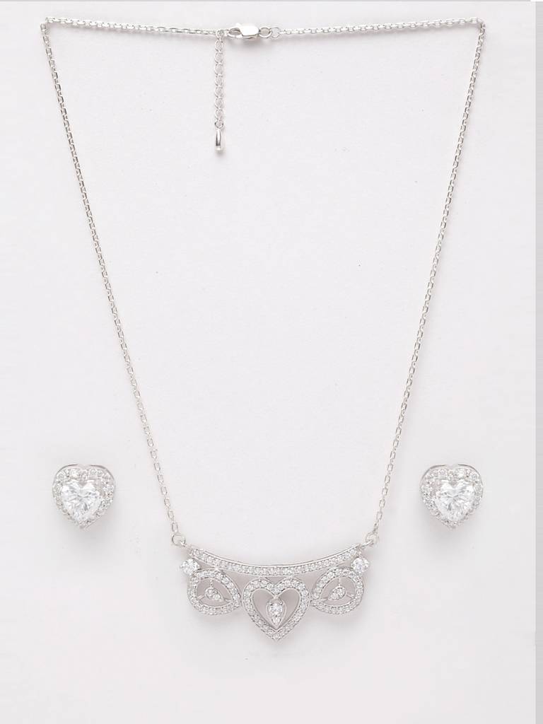 925 Sterling Silver Rhodium Plated Eden Pendant Earring Necklace Set With Chain Gift For Women And Girls : CSWZMP76ME66_SCH