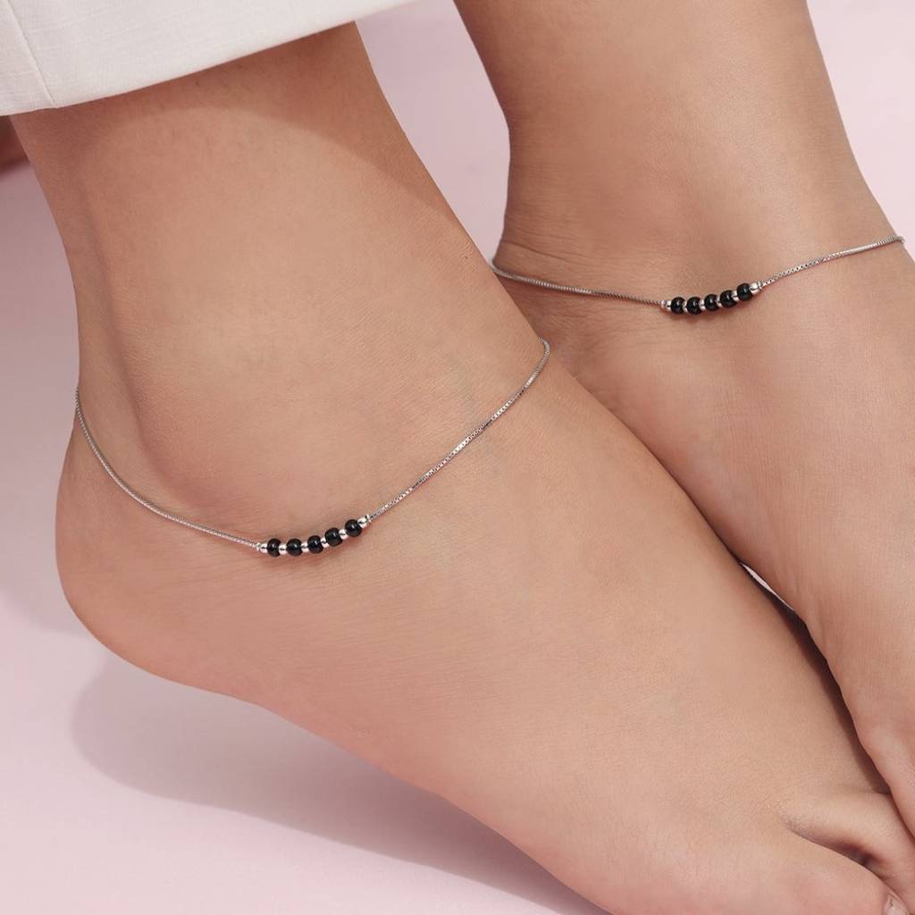 Minimal Beaded Rhodium Plated 925 Sterling Silver Anklet : ANK-60398-PAIR-R