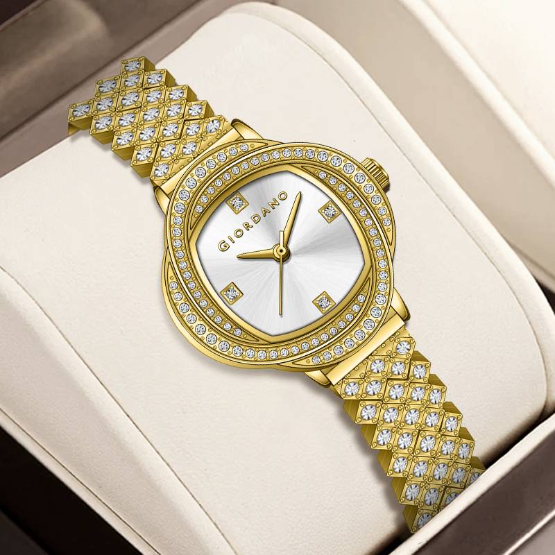 Giordano Luxury Crystal Watch For Women, Stainless Steel Strap, Diamond-Studded Bezel, Elegant Dress Timepiece : GZ-60120-11