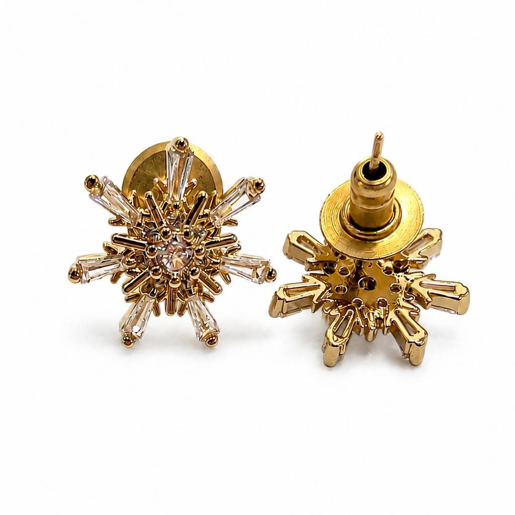Gold Snowflake Cz Crystal Starburst Stud Earrings : RRAPR26AID-57
