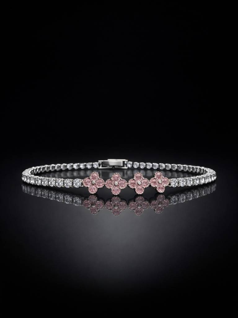 Pink & Silver Clover Cz Bracelet | Anti-Tarnish Everyday Bracelet : S925B742PSCSB
