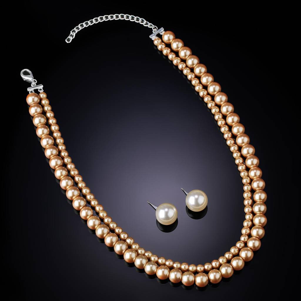 Estele Rhodium Plated Glowing Double Line Pearl Necklace Set For Women