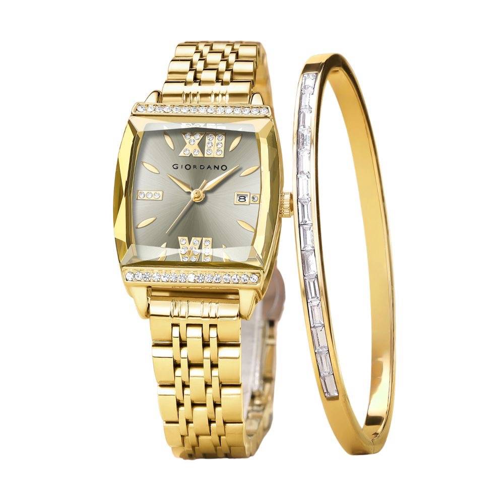 Giordano Analog Watch With Bracelet Set For Women – Cut Glass Square Dial, Crystal Roman Indices And Stainless S : GZ-60117-55