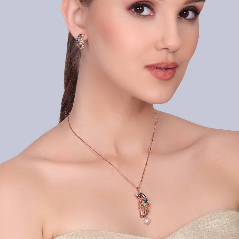 Premium Rose Gold Plated Peacock Pendant Set With Green Cz Shine|Everyday To Office Wear : AD-929-RGGNPDER