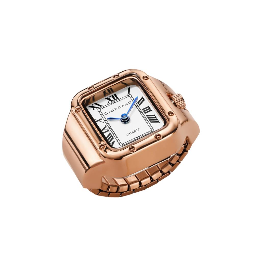 Analog Ring Watch For Women With Rectangular Dial, Roman Numeral Markers, Blue Hands, Quartz Movement And Stainl : GZ-60186-22