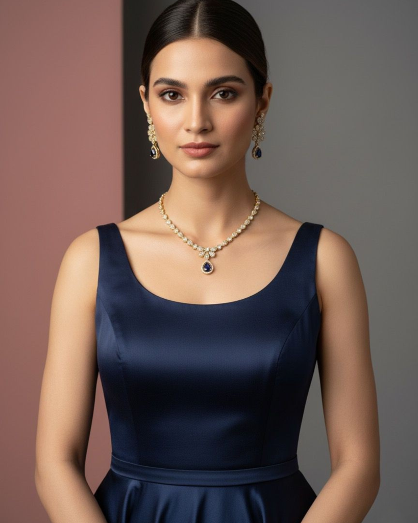 Sapphire Teardrop Floral Necklace Set : sis20