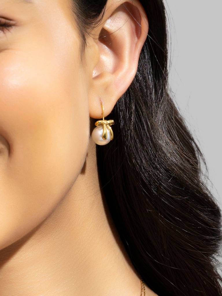 Bow And Pearl Ear Hook Earrings 18K Gold Plated Waterproof Anti-Tarnish : AJY1025E012