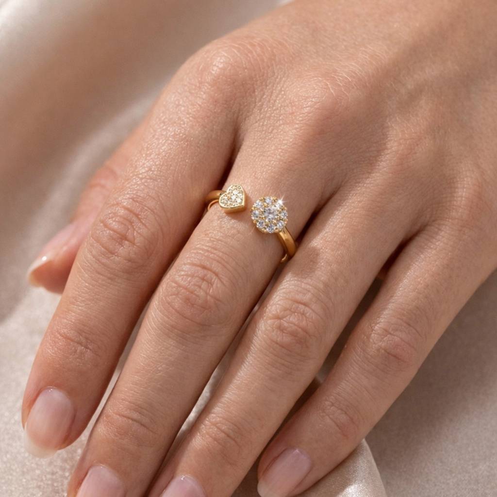 Gold-Plated Golden Heart & Halo Diamond Anti-Tarnish Ring : HSPS60MB1700
