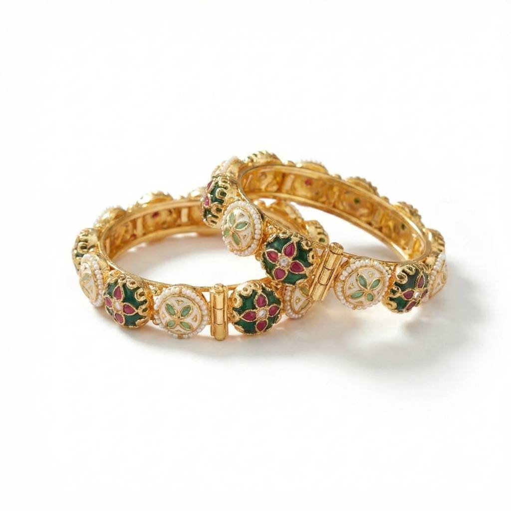 Royal Gold-Plated Meenakari & Kundan Bangles Pair With Pearl Accents : BV-BG-20-24
