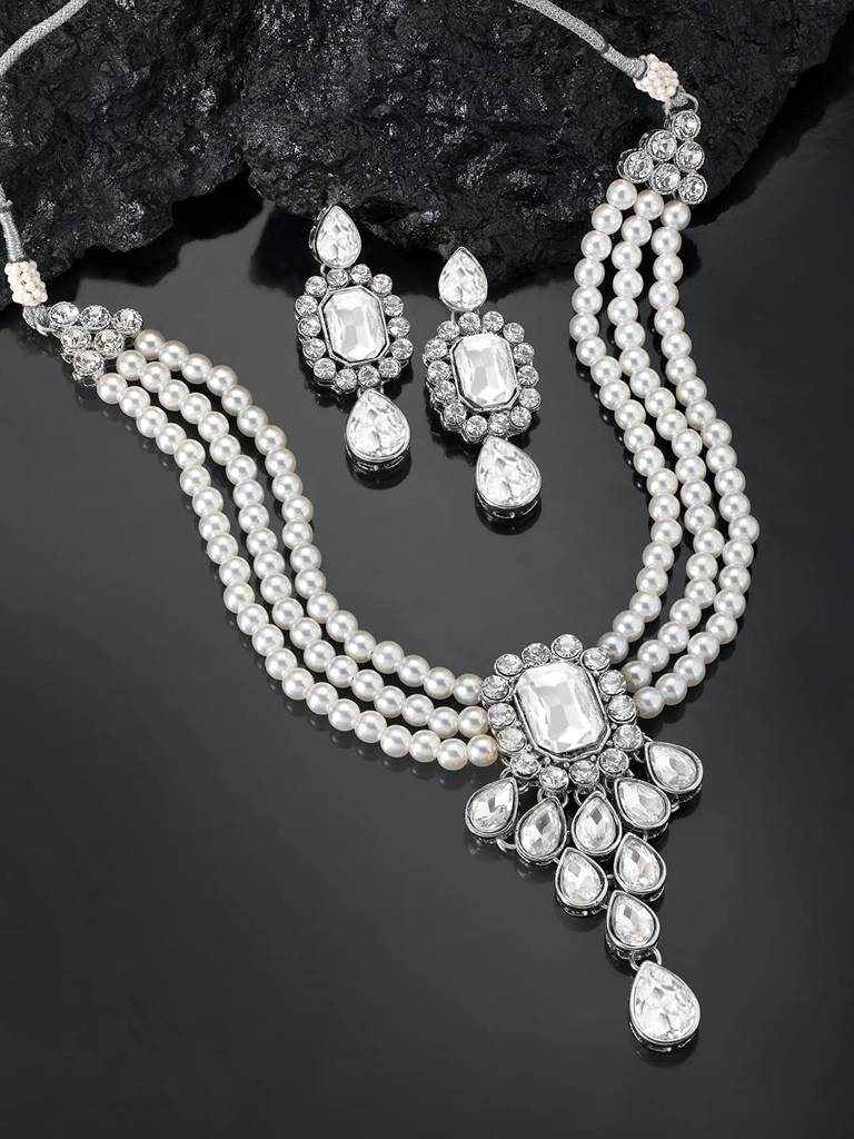 Peora Crystal Pearl Necklace Earring Traditional Jewellery Set Gift For Women Girls : PF24N01RW