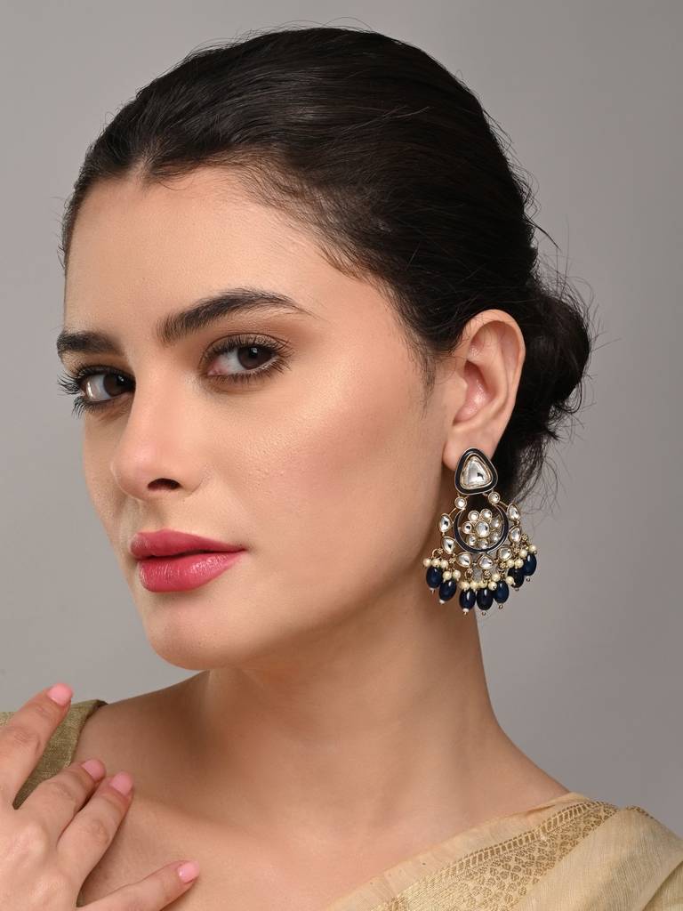 Kundan Hoop Pearl Fringe Earrings : S24FAER238BLU