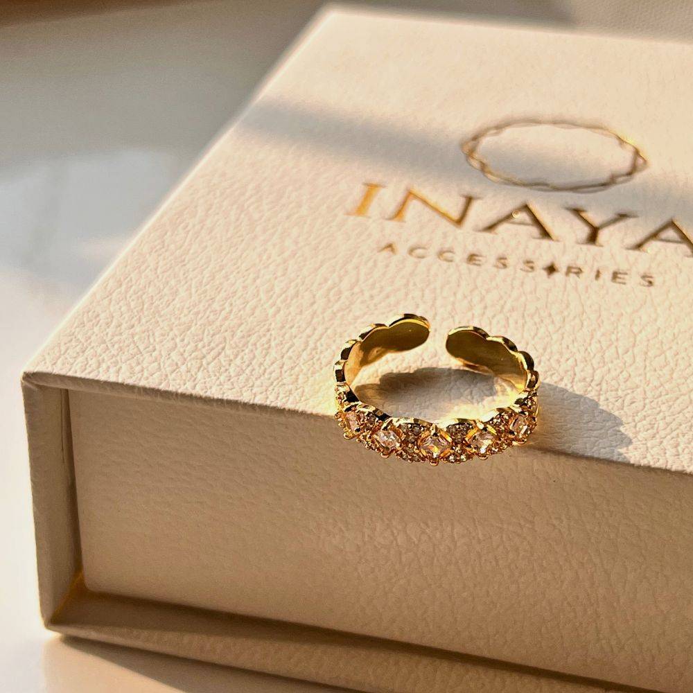 18Kt Gold Plated Diamond And Flower Stackable Zircon Studded Ring, Diya : INDIYA