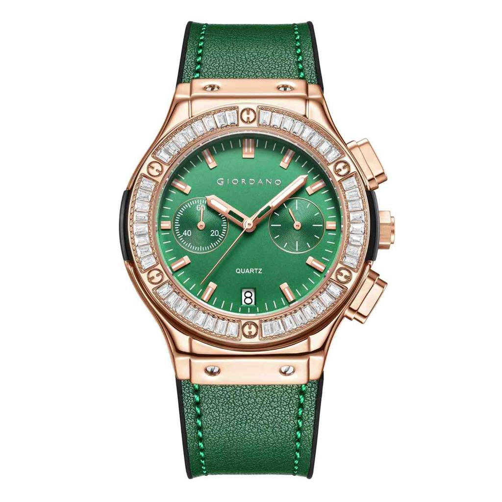 Giordano Analog Watch For Women Â Round Dial, Leather Strap, Crystal-Studded Bezel With Quartz Movement : GZ-60093-07