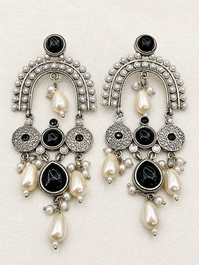 Silver Plated Oxidised Stone & Pearl Embellished Statement Chandbali Earrings : VI26EROX100337