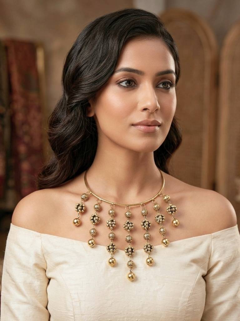 Antique Oxidised Engraved Bead Statement Boho Hasli Choker Necklace : VI26NK0104