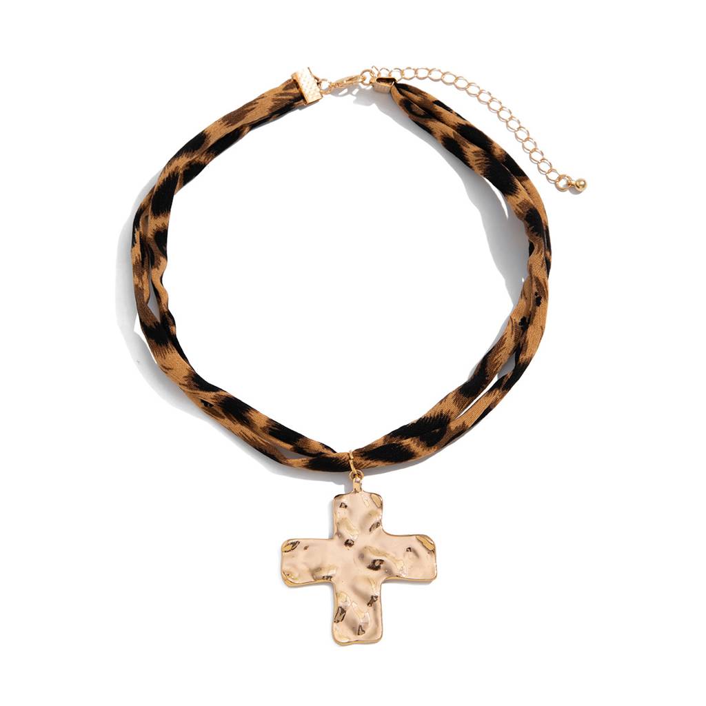 Boho Style Leopard Print Fabric And Hammered Cross Pendant Necklace : ADN0525N7100CR