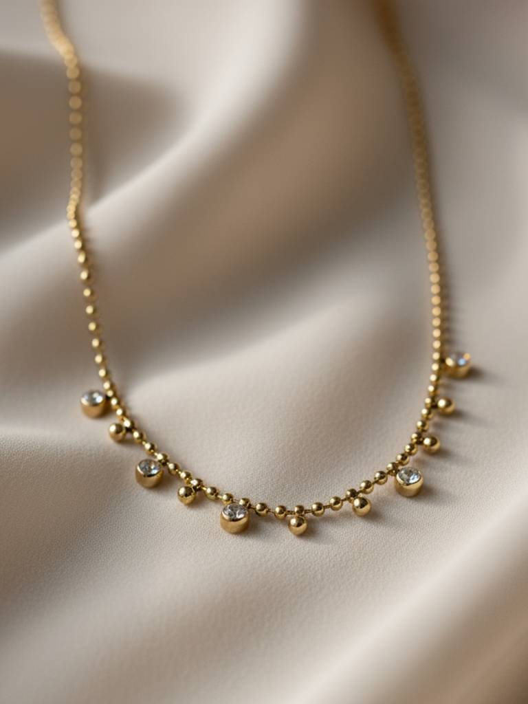 Anti-Tarnish White Stone Beaded Chain | 18K Gold Cz Jewelry : ATC649WSBN
