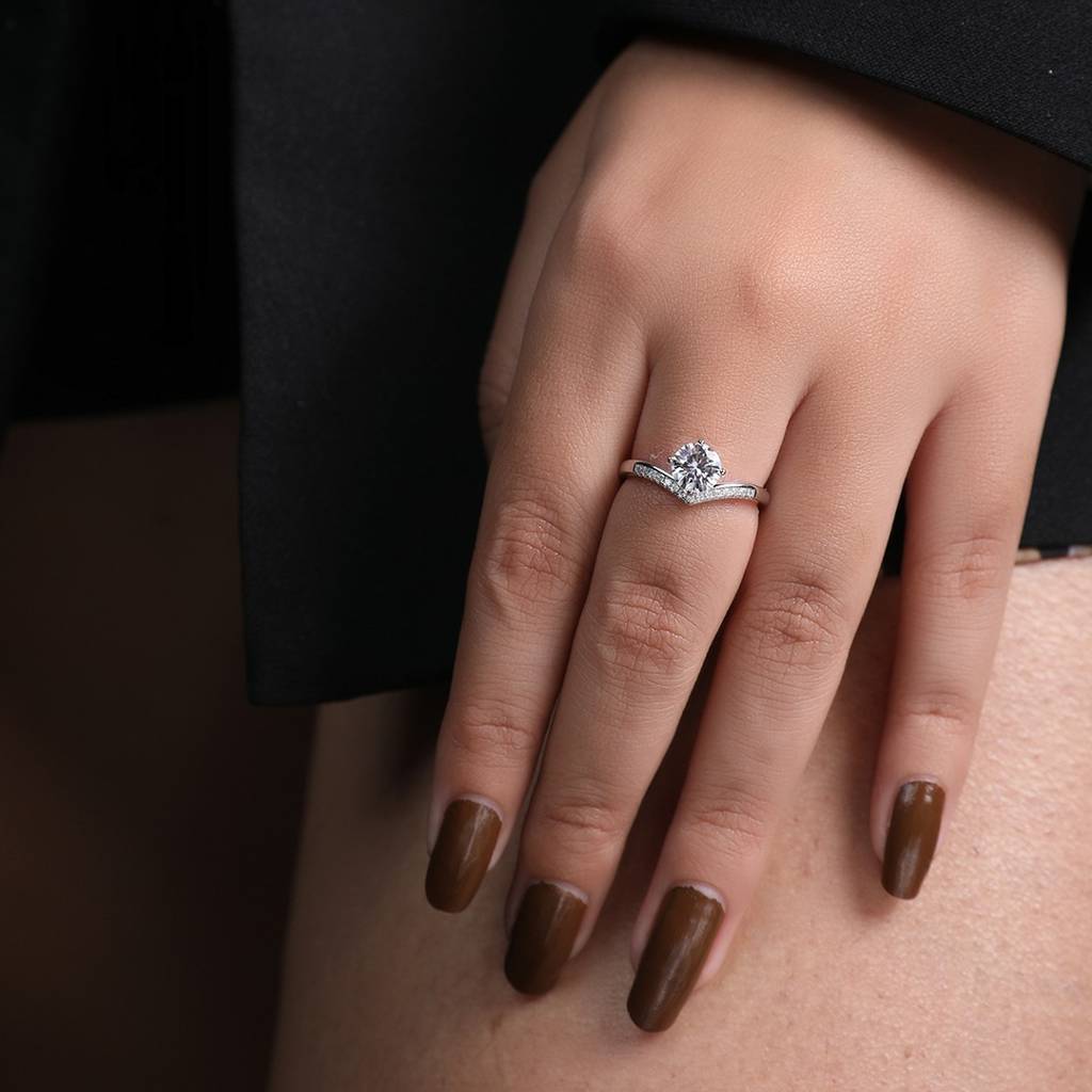 Moissanite Diamond V Shaped S925 Sterling Silver Ring : C-648