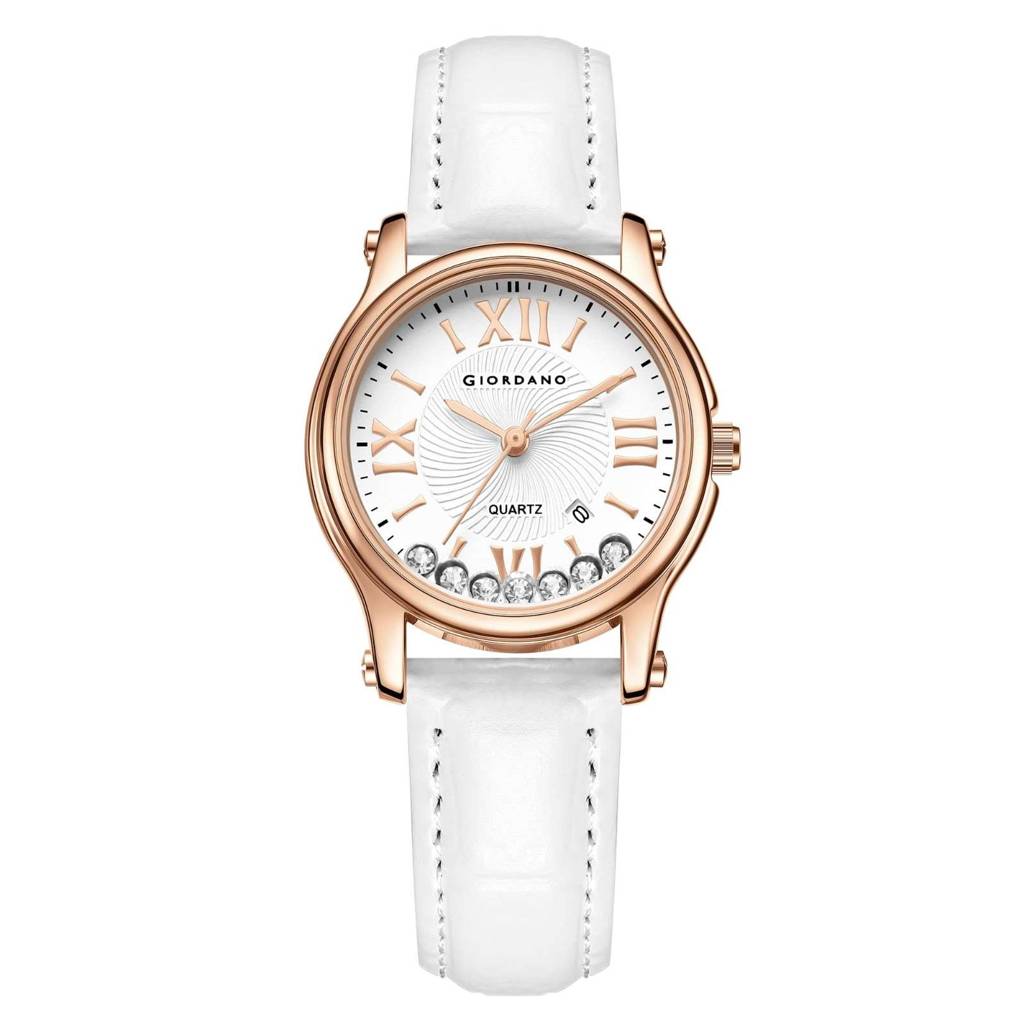 Giordano Luxury Analog Quartz Watch For Women Â Rose Gold Case, Roman Numerals, Crystal-Studded Dial, Leather  : GZ-60142-33