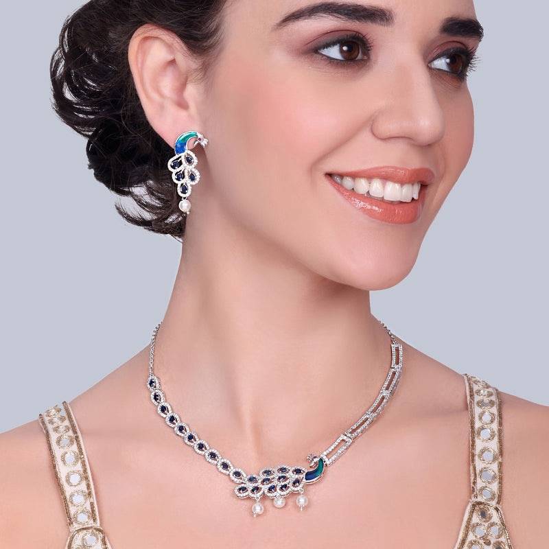 Designer Finish Cz Necklace & Earrings Set | Peacock-Inspired Motif | Occasion Wear : AD-917-IRBLNKER